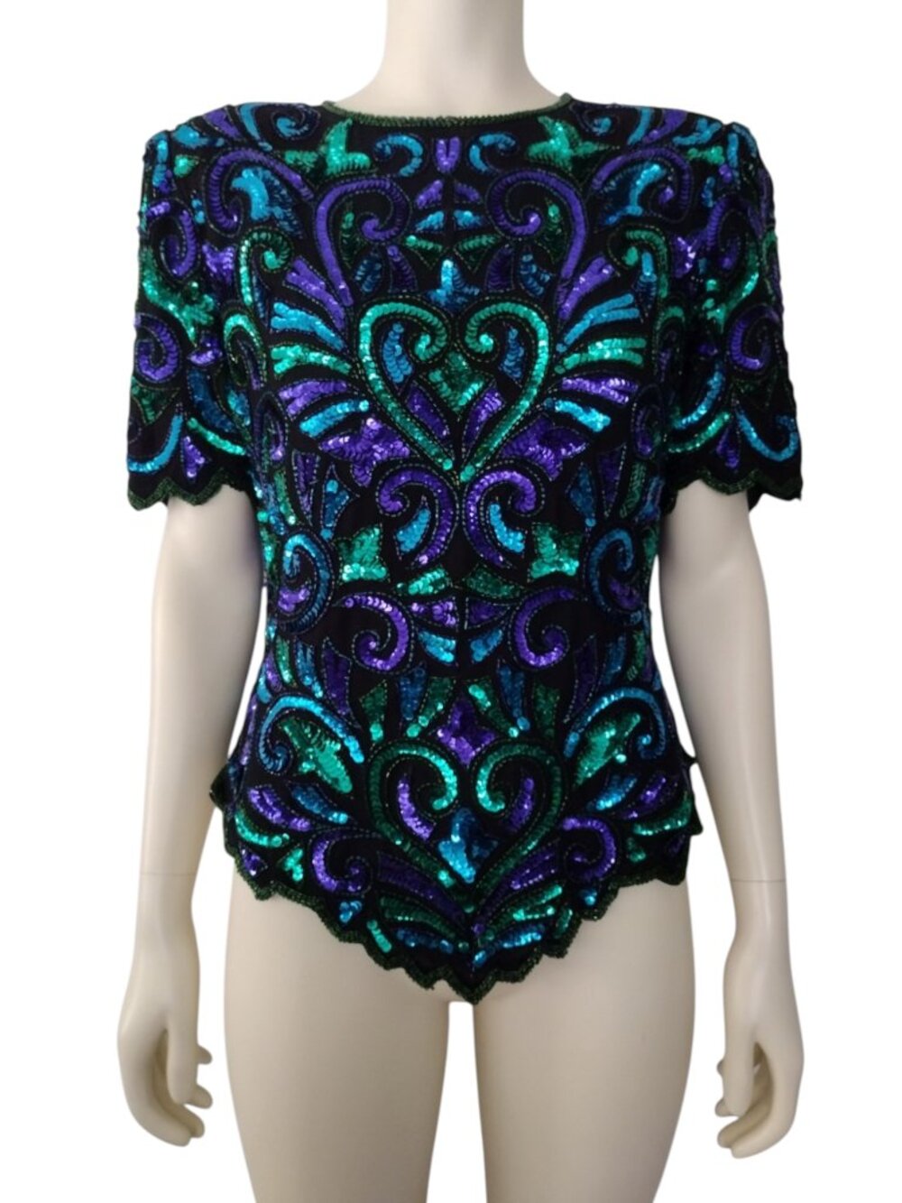 Vintage 1980s Laurence Kazar Sequined Beaded Short Sleeve Tailored Blouse Size M